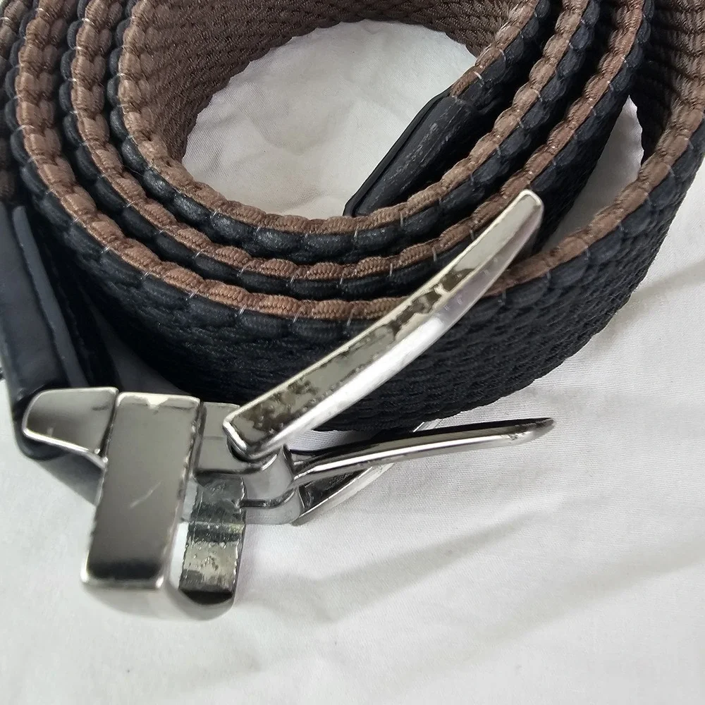 TOMMY BAHAMA Mens L XL Braided Cotton Woven Black Leather Trim Belt Silver Work